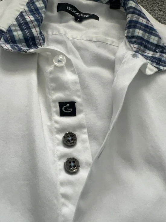 Bogosse White Men's Button-Down Shirt with Blue Plaid Trim Flip Cuffs Size 4 (L) - Picture 3 of 15